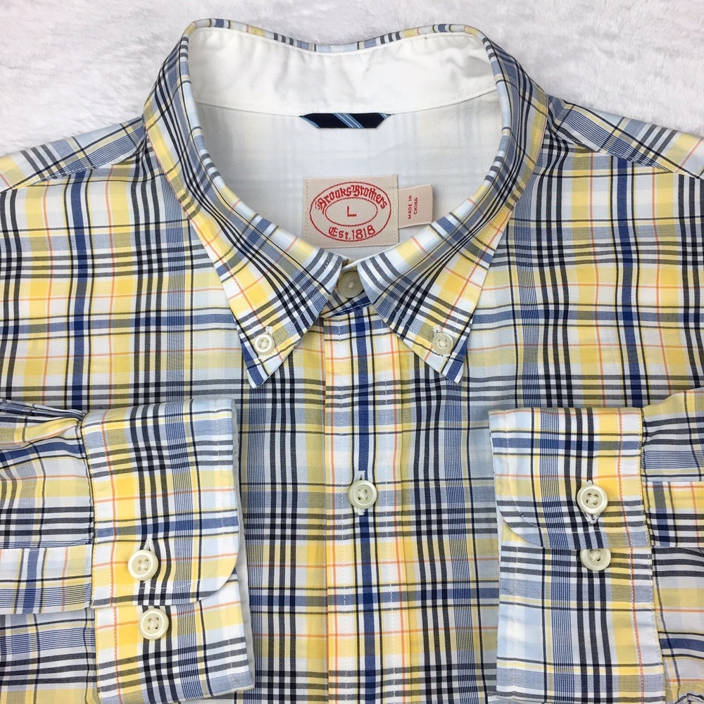 Brooks Brothers Dress Shirt Mens Large Yellow‎ Blue Plaid Long Sleeves